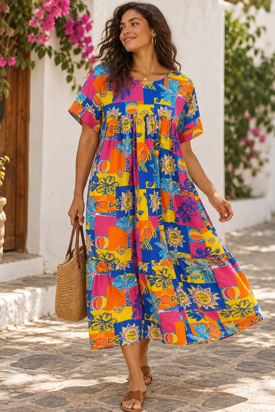Vintage 80s Dillards Tropical Print Baby Doll Tiered Oversize Midi Dress Small